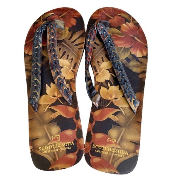 Scotch & Soda Tropical Floral Braided Leather Strap Flip Flops Size 10
